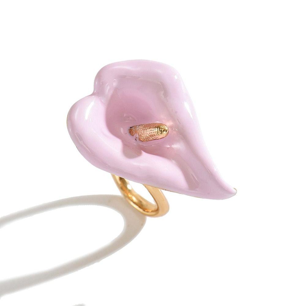 Metal Enamel Calla Flower Ring Adjustable Vintage Ring Personality Geometric Open Ring Women