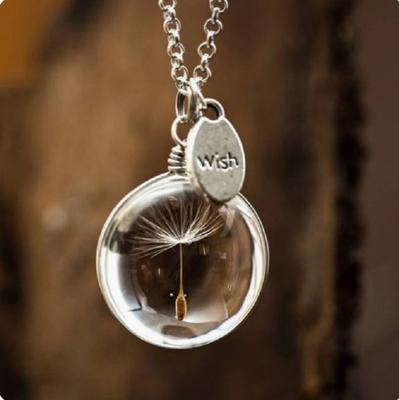Handgefertigte Mode Damen Doppelseitige Pusteblume Zeit Edelstein Edelstein Kristall Zarte Glas Halskette mit Wassertropfen Herzförmig Rund Oval für Mädchen