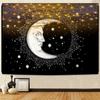 Celestial Moon Tapestry, Black Background with White Crescent Moon Face & Stars Print, Wall Hanging for Boho Bedroom Decor