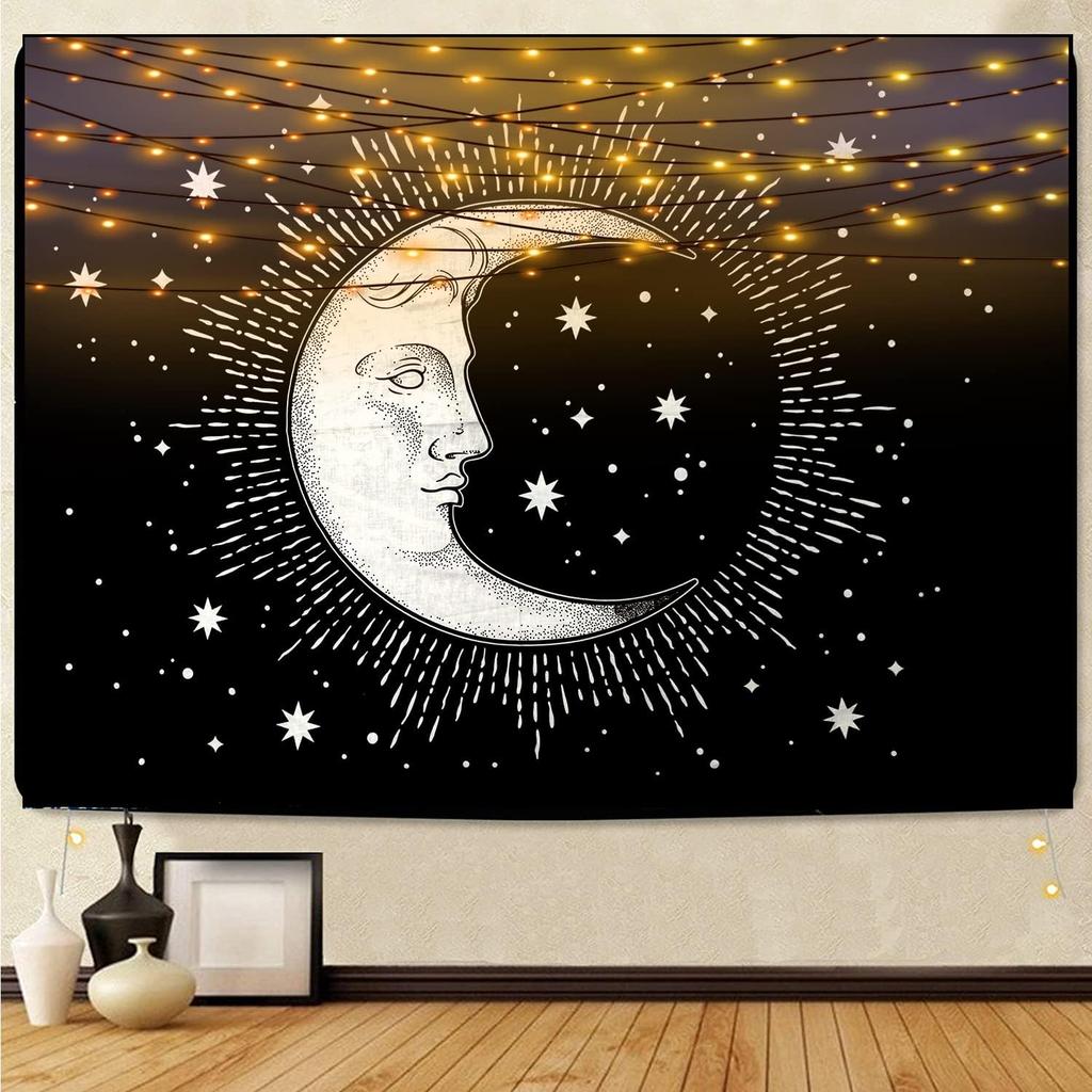 Celestial Moon Tapestry, Black Background with White Crescent Moon Face & Stars Print, Wall Hanging for Boho Bedroom Decor