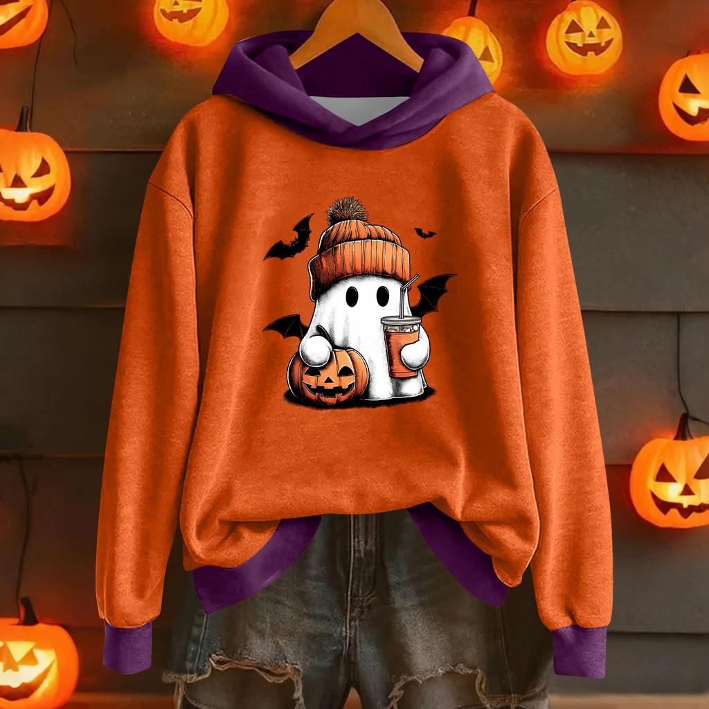 Women's Fashion Lightweight Long Sleeve Pullover With Halloween Print Hoodie
