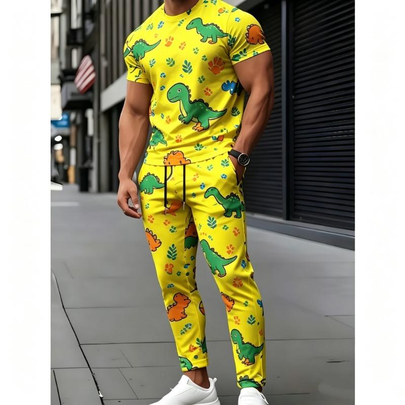 Kreatives Entenmuster Freizeit-Set für Herren Sommer Atmungsaktiv Bequem Outfit Rundhals Kurzarm Oberteil Und Kordelzug Lange Hose
