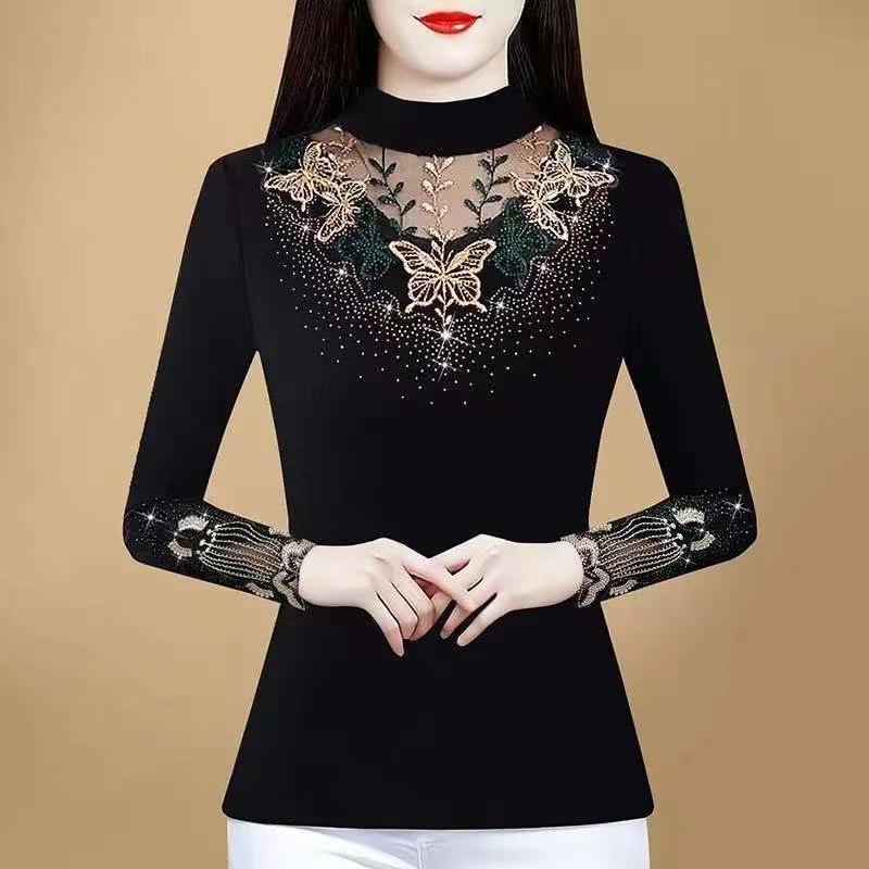 

Lace inner bottoming shirt 2025 new spring and autumn T-shirt women s warm top fleece shirt 4XL чорний
