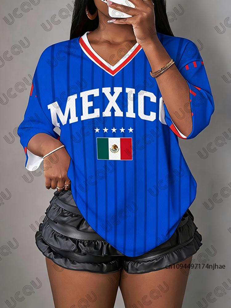 Summer New Stripe Mexico Flag Print T-Shirt For Women V-Neck Short Sleeve Sports Tees Football Jersey Y2K Loose Oversized Tops