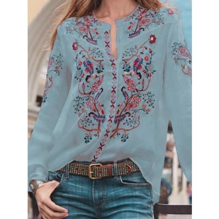 Casual Floral V Neck Long Sleeve Blouse Loose Top Tee Shirt for Women