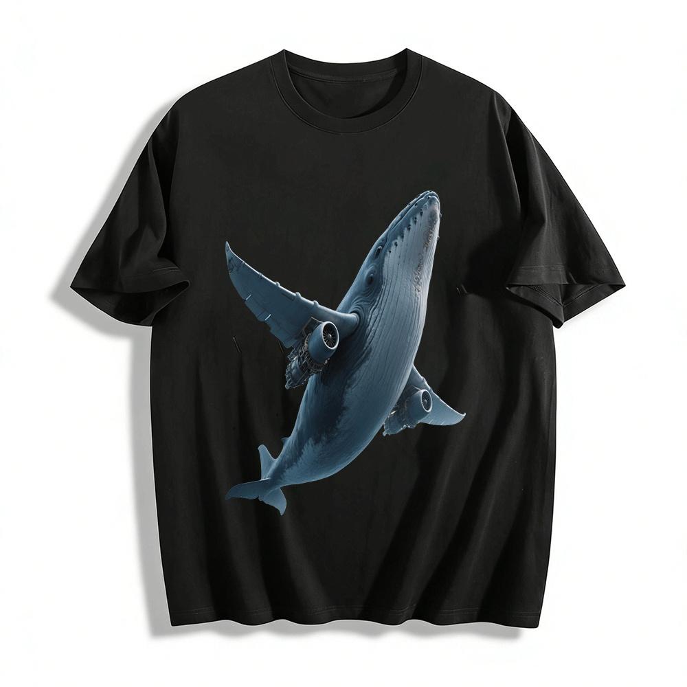 

Mechanical Flying Whale Print Trendy Casual Short Sleeve T-Shirt Pure cotton T-shirt XXS
