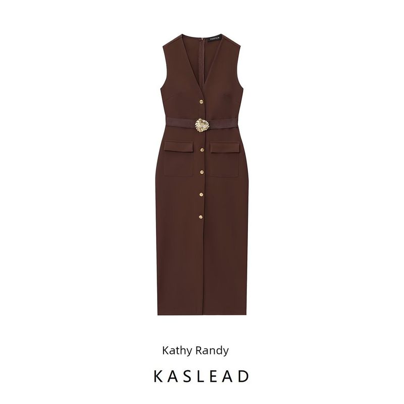 Kaslead New Women Clothes Western Style Fashion With Belt Crepe Midi Dress 3897166