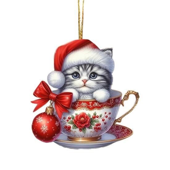 Acrylic Teacup Cat Hanging Ornaments Cute Cartoon Cat Christmas Ornament 2D Flat Car Mirror Charm for Christmas Tree Decoration KTY