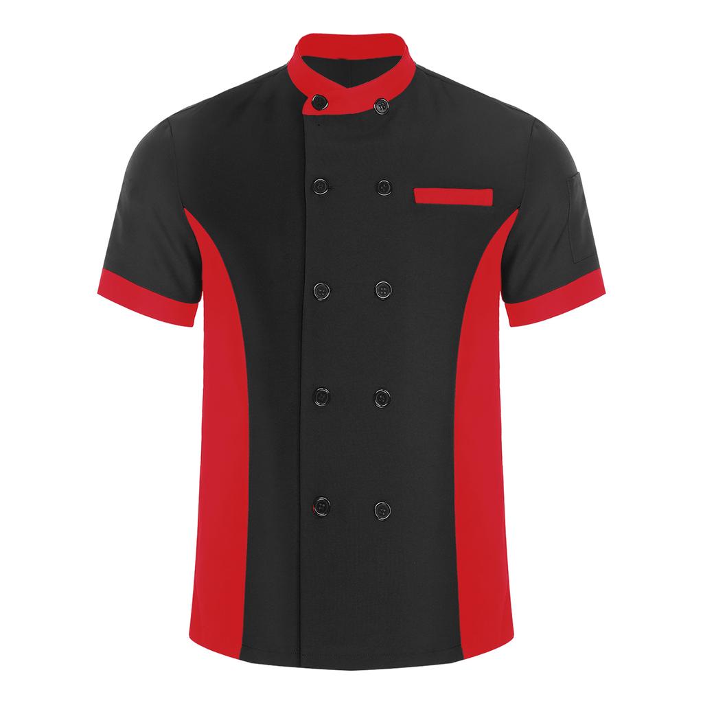 Unisex Kitchen Uniform Short Sleeve Color Block Chef Jacket Cook Coat Men Women Work Top