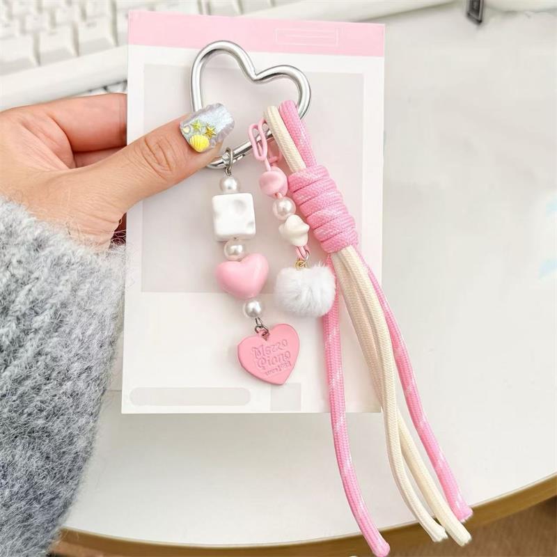 Niedlicher geflochtener Seil Liebe Perlen flauschiger Ball Schlüsselanhänger Anhänger Rucksackanhänger Handykette Taschenanhänger Mädchen DIY Liebe Schnalle Schlüsselanhänger Geschenk