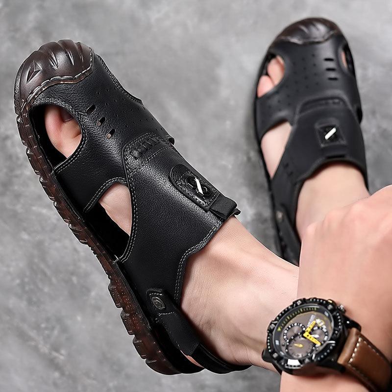 Baotou Beach Shoes, Genuine Leather Top Layer, Cowhide, Men's Summer Dual-use Sandals, Breathable and Non Slip Jelly Soft Soled Sandals