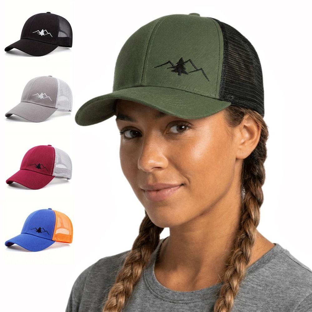 Mountain Embroidery Mesh Cap Adjustable Fit Sun Shading Hat Breathable Hat  Unisex Wear