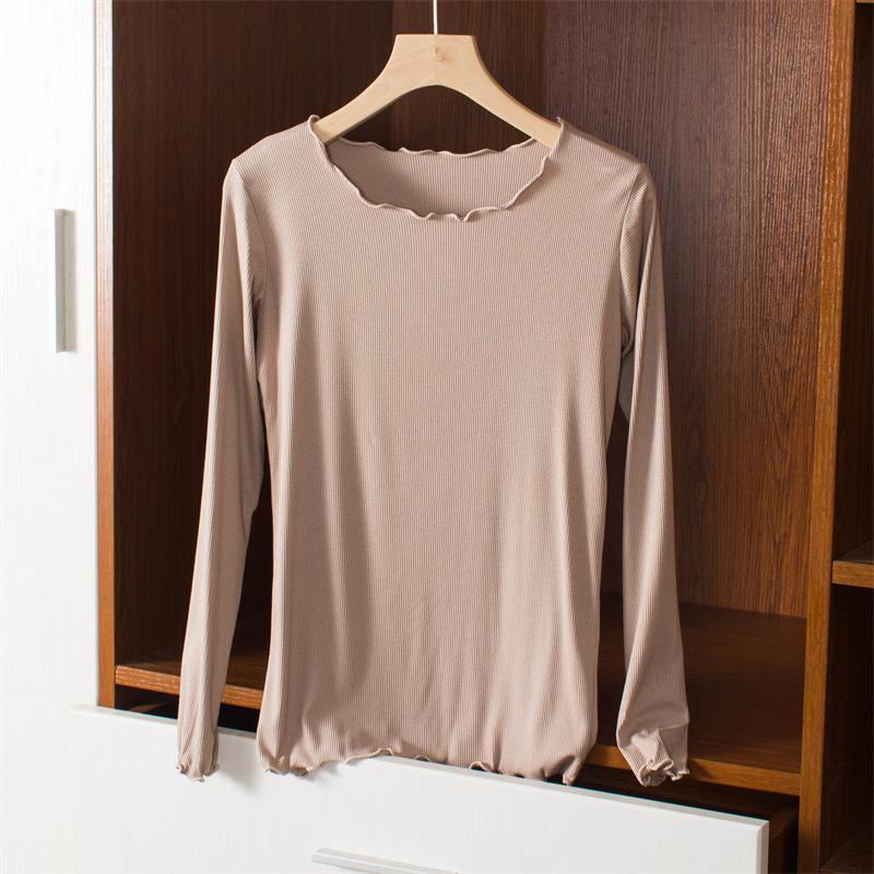 Women's Slim Fit Wood-Ear Trim Modal Long Sleeve T-Shirt, Round Neck, Plus Size, Spring/Autumn Versatile Top