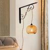Vintage Plug in Pendant Light Wicker Rattan Hanging Lights with 15ft Hemp Rope Cord Mini Bamboo Lampshade Boho Wall Lighting Fixture Swag Lamp for