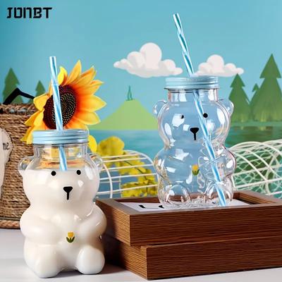 Süßer Bär Plastikstrohhalmbecher für Kinder Transparente Milchtee Saft Getränkeflasche Outdoor Sport Reisen Camping Trinkflasche