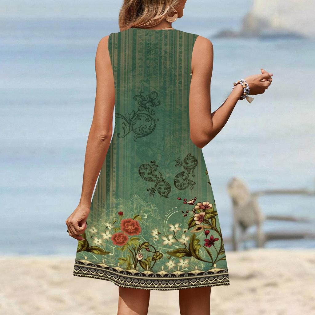 Damenmode Bedrucktes Sommer Ärmelloses V-Ausschnitt Tanktop Tasche Lässiges Lockeres Kleid
