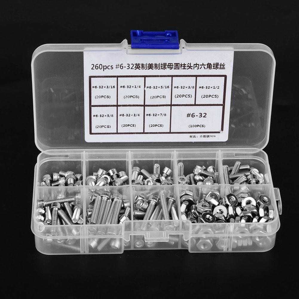 260pcsset #632 Stainless Steel Hex Socket Cap Head Screws and Nuts Assortment