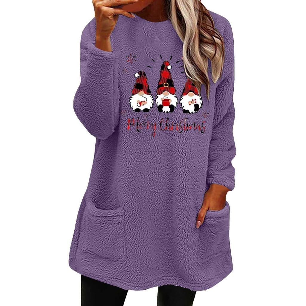 Women's Christmas Letter Print Round Neck Loose Long Sleeve Plush Hoodie