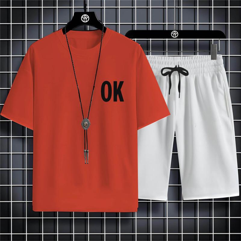 Summer Fashion Casual Sports Style Alphabet Ok Printed Men'S Round Neck Short Sleeve T-Shirt Drawstring Shorts Beach Suit