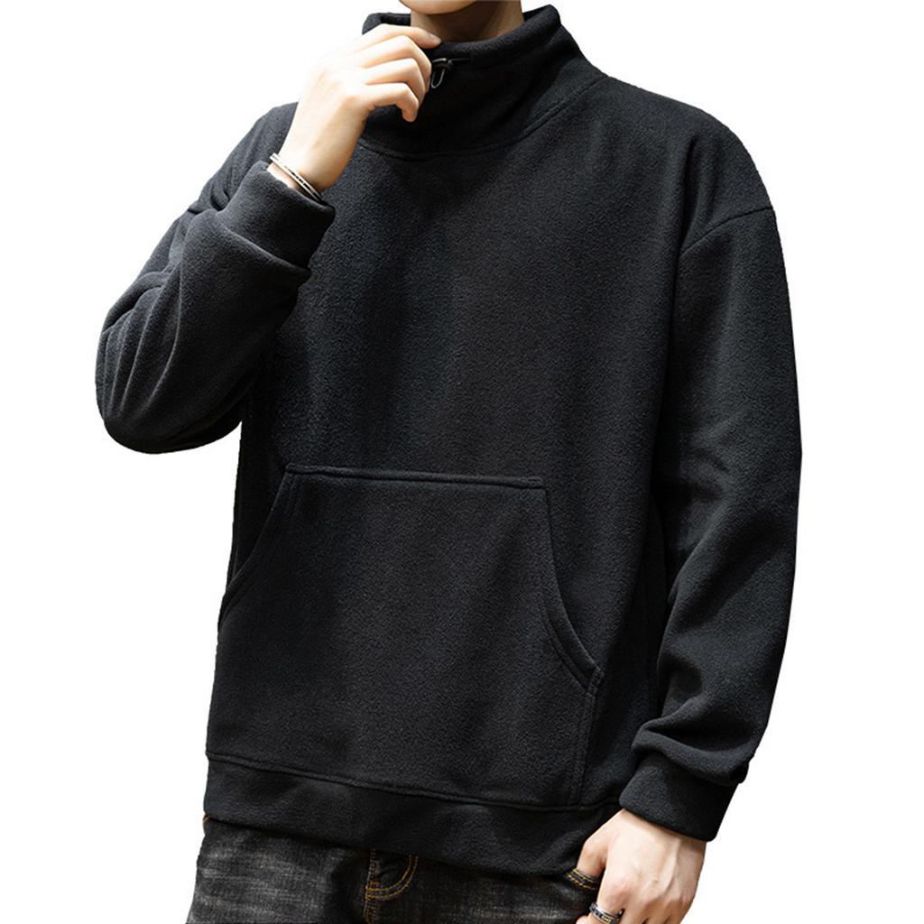 Men's Casual Solid Color Round-neck Long-sleeved Pocket Sweatshirt, Men's Fleece Thickened Warm High-neck Sweatshirt
