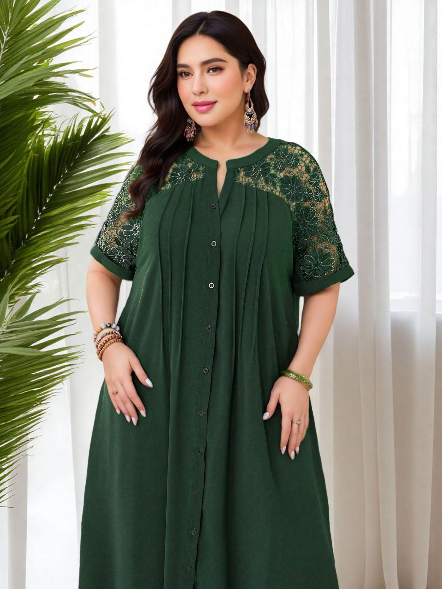 

Вышитое цветочное этническое платье большого размера с кружевной аппликацией и короткими рукавами 4XL темно-зеленого