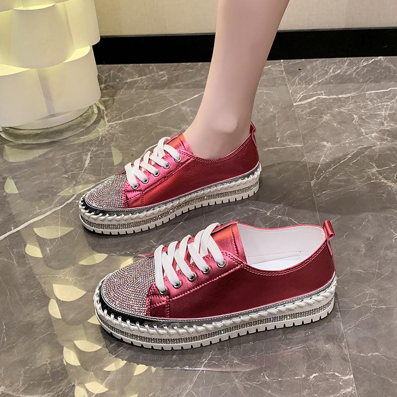 Fashion Aphixta 3cm Heels Crystal Lace Up Leather Flats Shoes Women Gold Bling Loafers Shoes Woman Flat With Casual Footwear Size 45