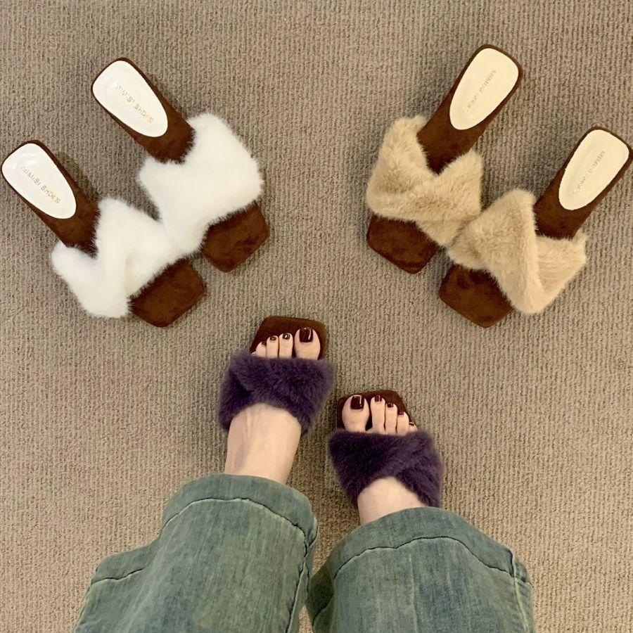 High Heels French Temperament Purple Fluffy Shoes Women's Shoes Wear 2025 New Autumn One-word Plush Cotton Slippers