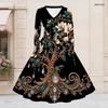 Women Plus Size V Neck Long Sleeve Black White Printed A Line Flared Dress With Belt