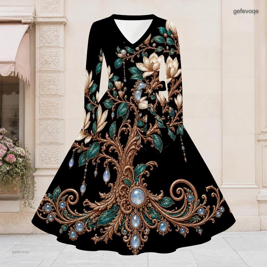 Women Plus Size V Neck Long Sleeve Black White Printed A Line Flared Dress With Belt