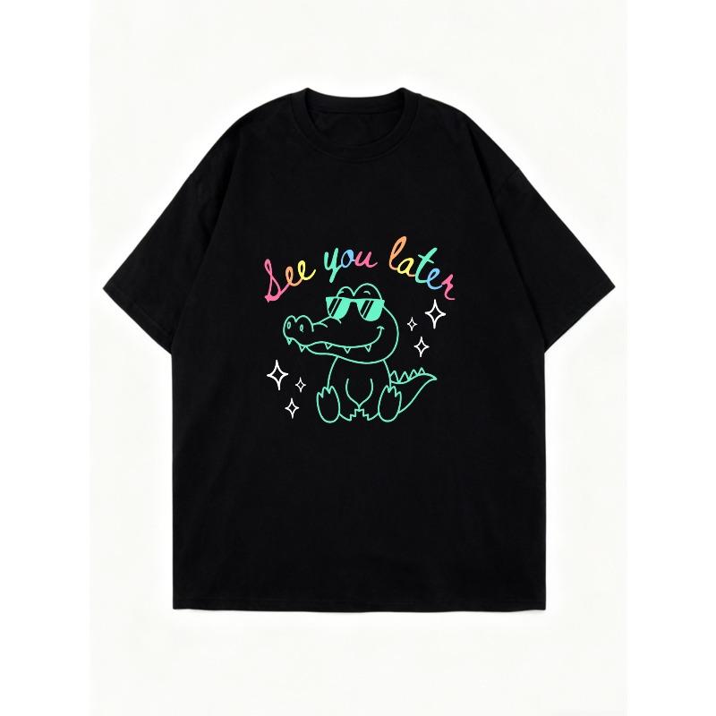 Oversized T Shirt Black See You Later Crocodile With Sunglasses And Sparkles Print Casual Streetwear For Women