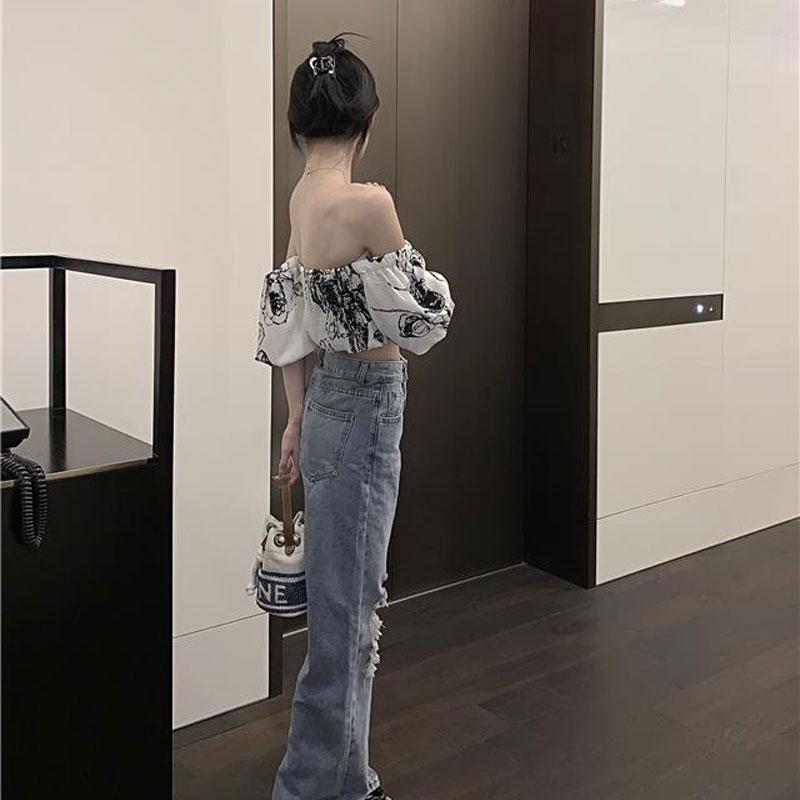 Cămașă elegantă cu gât barcă, slim, îmbrăcăminte feminină, stil franțuzesc, cu mânecă scurtă, de vară, vintage, imprimată, sexy, cu umerii goi, bluză scurtă