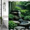 Green Fountain Landscape Shower Curtain Set with Bath Mat, Toilet Lid Mat & 12 Hooks