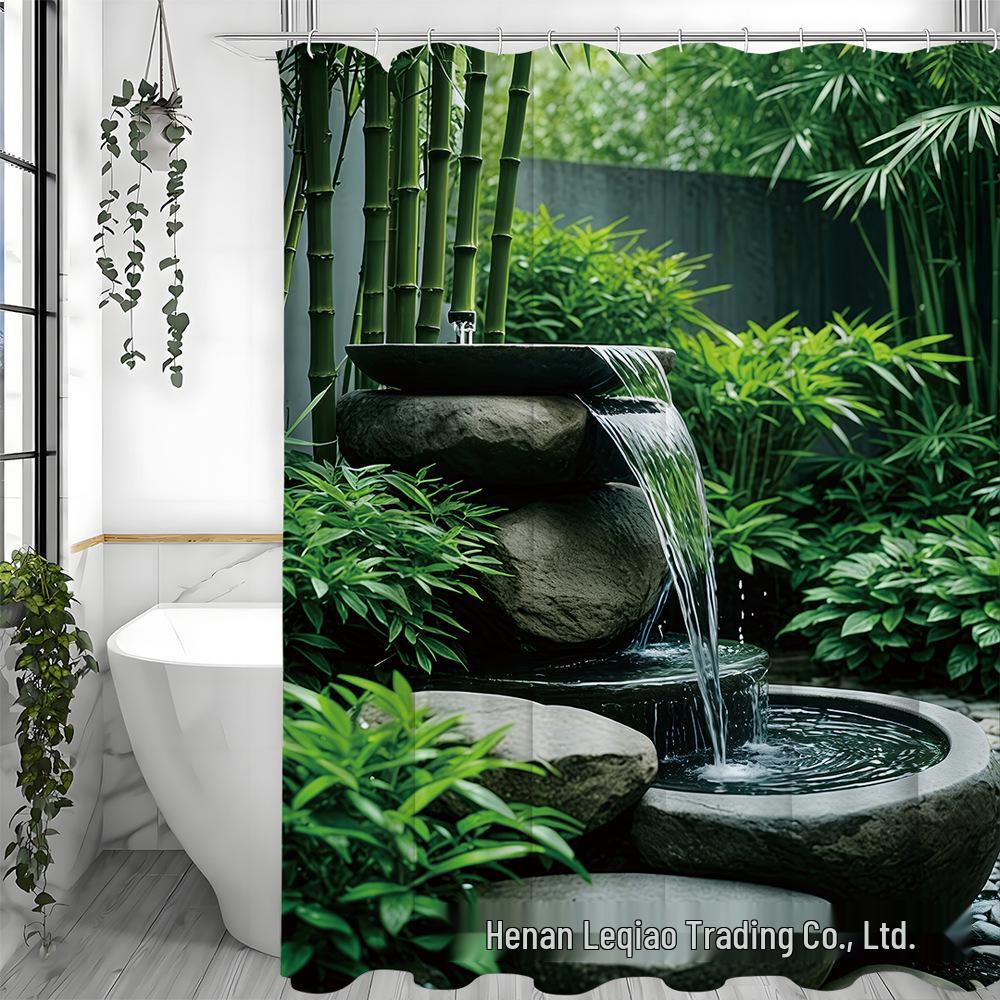 Green Fountain Landscape Shower Curtain Set with Bath Mat, Toilet Lid Mat & 12 Hooks