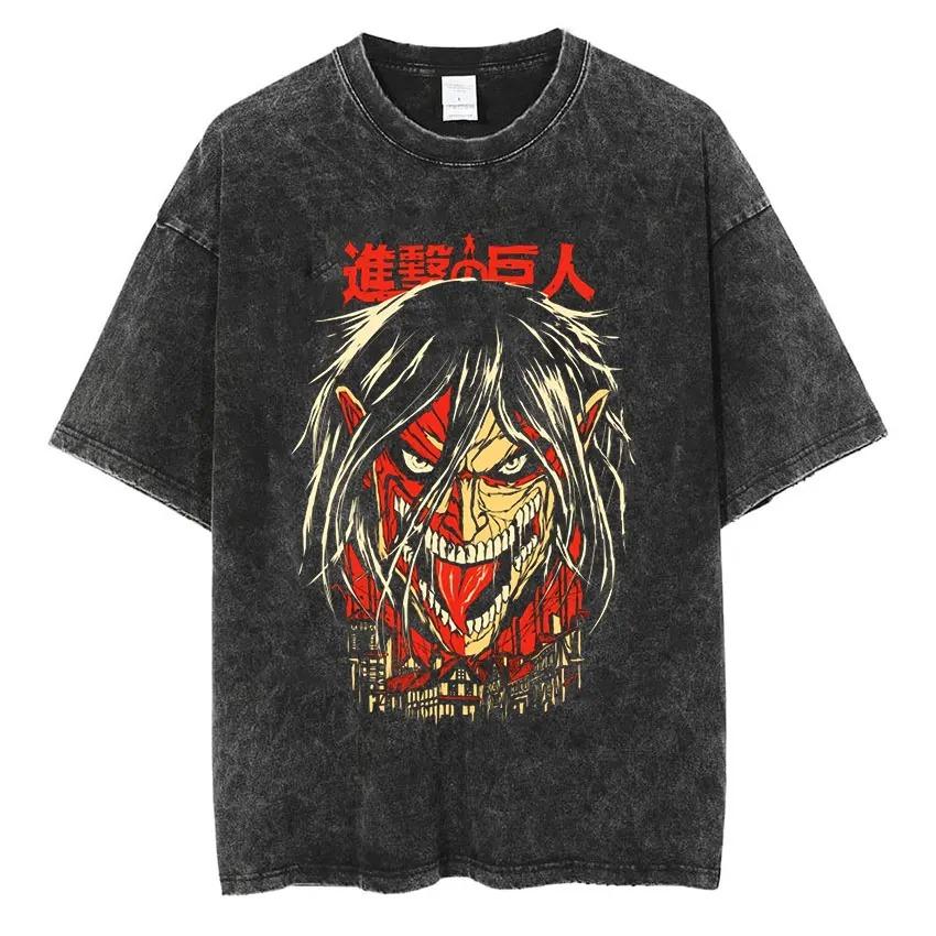 Attack On Titan Washed Oversized T-Shirt Street Hip Hop Men Women Cotton Clothing T-shirt Harajuku Y2k High Quality Female Male Clothing