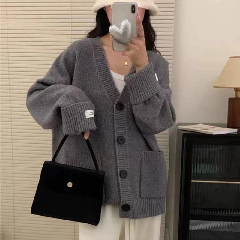 Ny retro strikket cardigan for høst og vinter i koreansk stil, løs og slankende med oppbrettede ermer, myk og myk genserjakke for kvinner