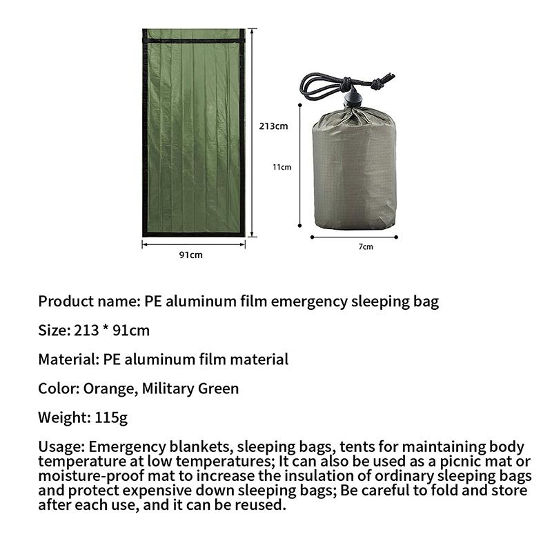Borsa da campeggio per persona singola da esterno 213 * 91 cm, sacco a pelo in film di alluminio PE, tenda di emergenza sportiva, sacco a pelo, calore, emergenza