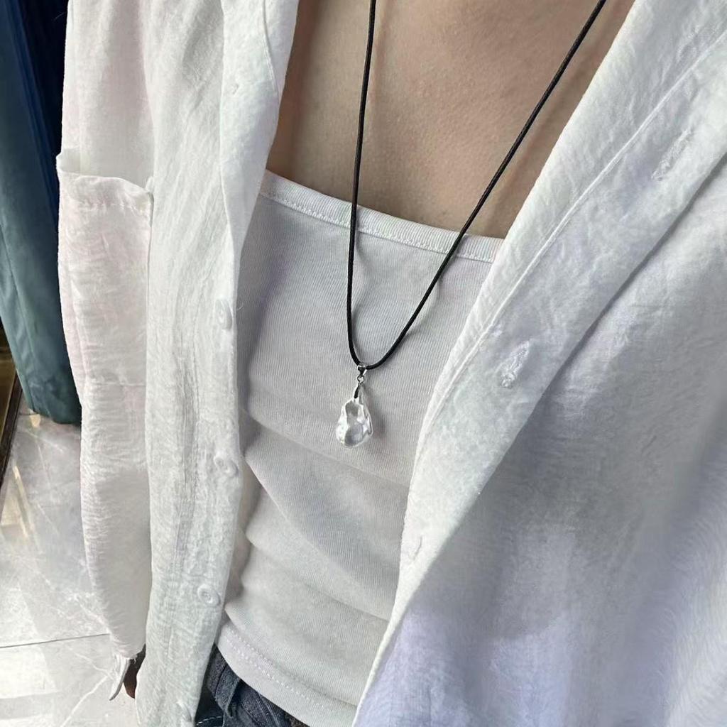Adjustable Leather Cord Necklace with Freshwater Pearl & Baroque Fishtail Pendant