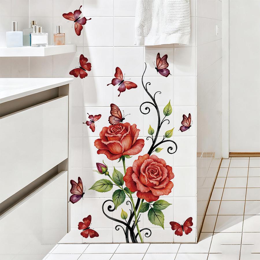 Romantic Vintage Red Rose Butterfly Wall Stickers, Self-Adhesive Decor for Living Room Bedroom Wall Decoration