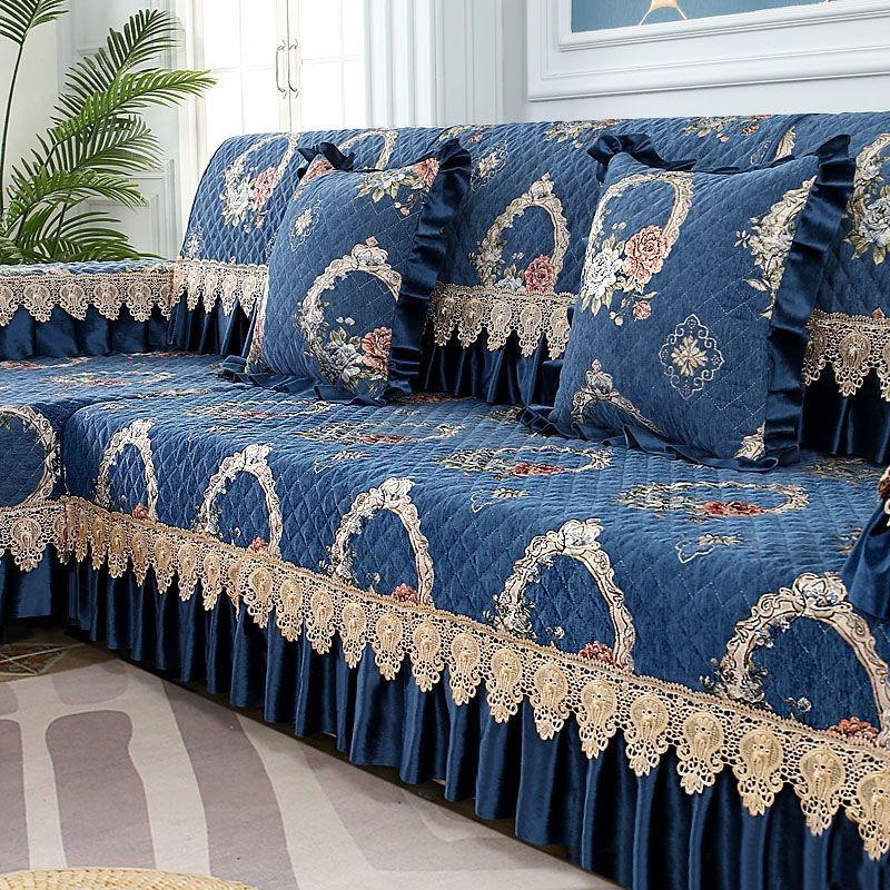 Luxuriöses Chenille Sofakissen Europäischer Stil Große Blumenspitze Rutschfeste Sitzmatte Winter Vollständige Abdeckung Sofabezug aus Massivholz
