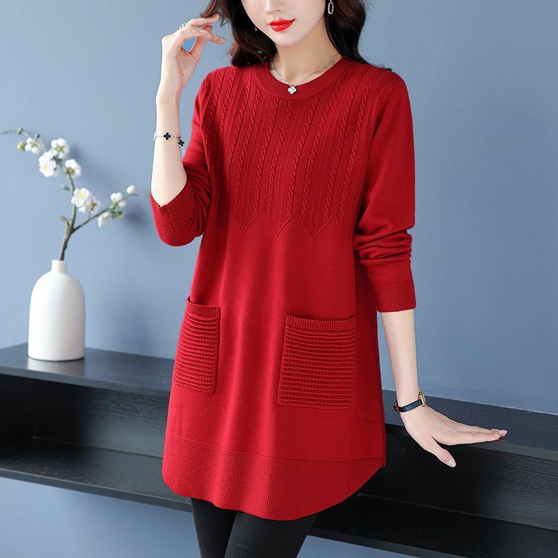 Women's Plus-Size Sweater Autumn Winter Warm Soft Stretchy Knit Top Loose Mid-length Sweater with Pockets