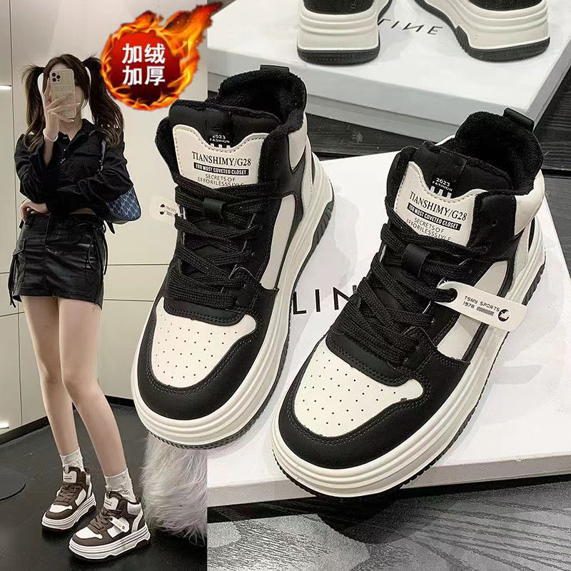 High-top shoes women's winter velvet warm cotton shoes platform non-slip board shoes 2025 new campus style casual sports shoes