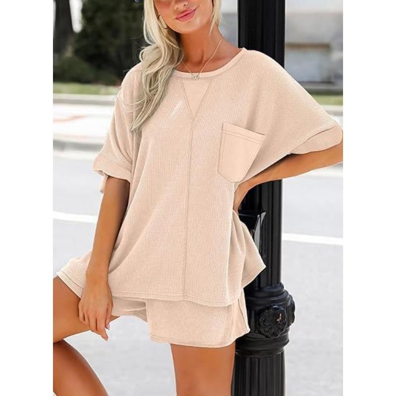 Women's Summer New Waffle Loose Five-quarter Sleeve Pocket Round Neck Patchwork T-shirt