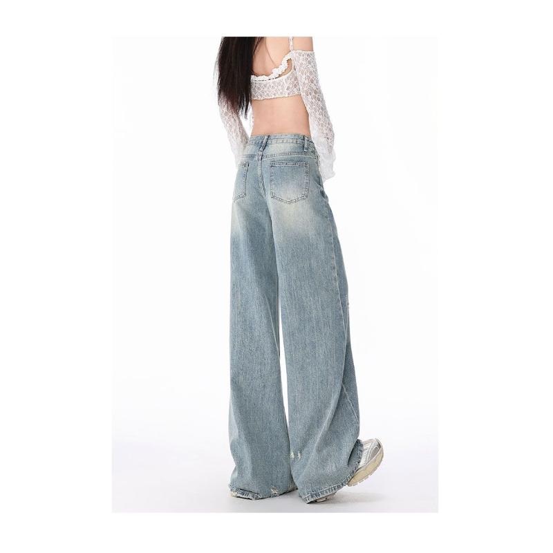 Blue Micro Flare Wide-legged Jeans Women's Design Abraded Straight Trousers Versatile Large Yards Mopping Trousers Jeans for Women Long Denim Pants