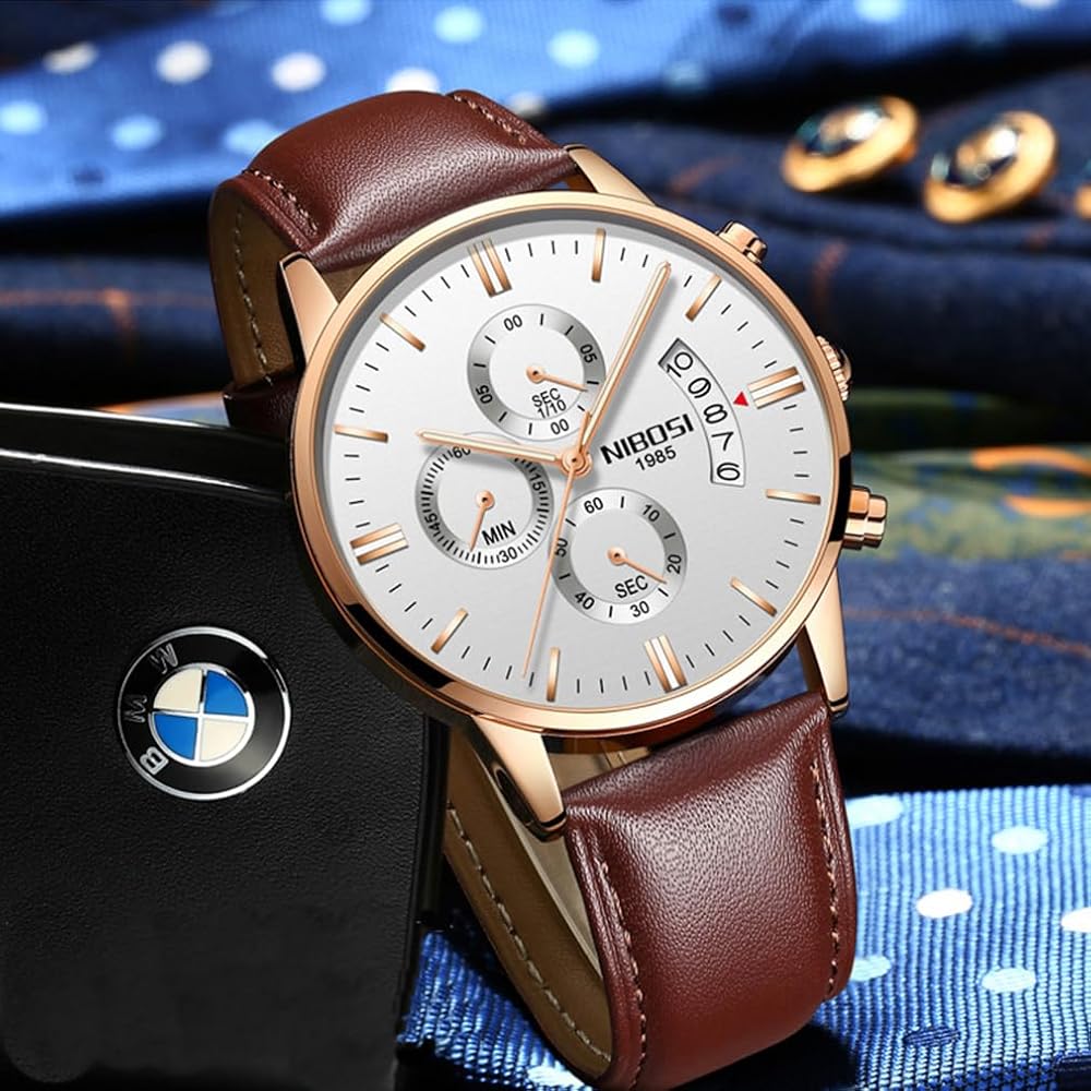NIBOSI Men's Chronograph Watch Brown Leather Band Waterproof Analog Business Casual Big Face