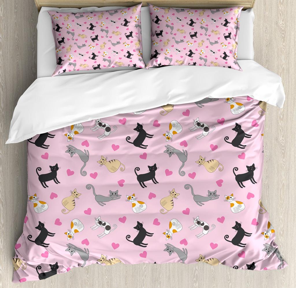 Cute Kitten Bedding For Girls Boys Black Cat Pattern 3 Piece Decorative Duvet Cover Set King Size Bedroom Decor Comforter Cover
