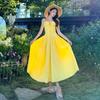 French sexy suspender strap pleated dress women's summer tea break temperament waist thin holiday style A word long dress