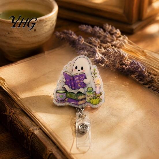 Id Card Holder Clip Halloween Retractable Badge Reel, Ghost Black Cat And Pumpkin Design, Work Accessories 360 Degree Rotating Acrylic ID for