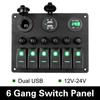 Interior Accessories Car Marine Boat Circuit LED Breaker 6 Gang Rocker Switch Panel Aluminum Panel Digital Voltmeter DC 12V/24V Dual USB Ports
