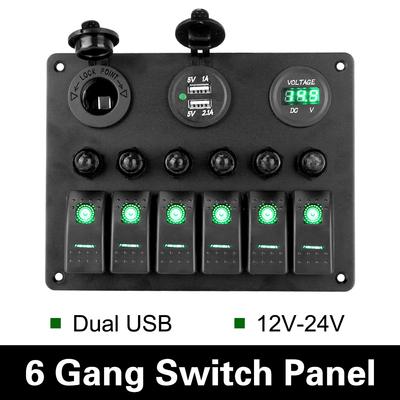 6 Gang Rocker Switch Panel Car Marine Boat Circuit LED Breaker Dual USB Ports Digital Voltmeter DC 12V/24V Waterproof