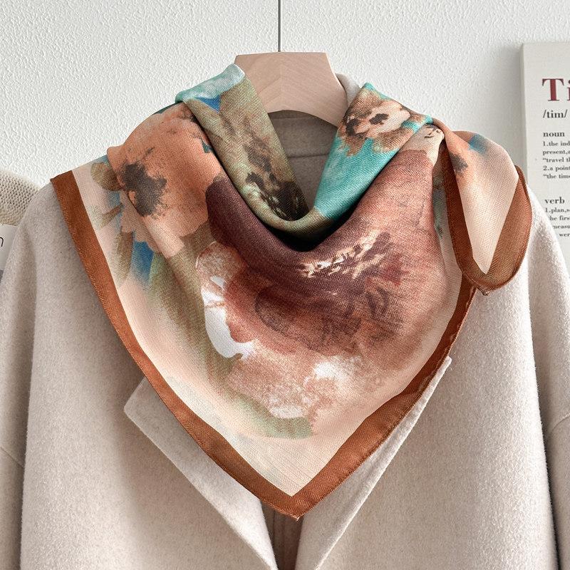 Chinese Camellia Red Cotton and Linen Feel Scarf Women's Small Square Scarf Spring, Autumn and Winter Thin Neck Multifunctional Scarf